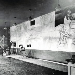 José Clemente Orozco at work on The Departure of Quetzalcoatl, a panel of the mural The Epic of American Civilization at Dartmouth University 1932-33.